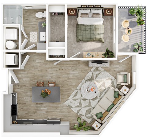 an overhead view of a bedroom with a bed and a living room